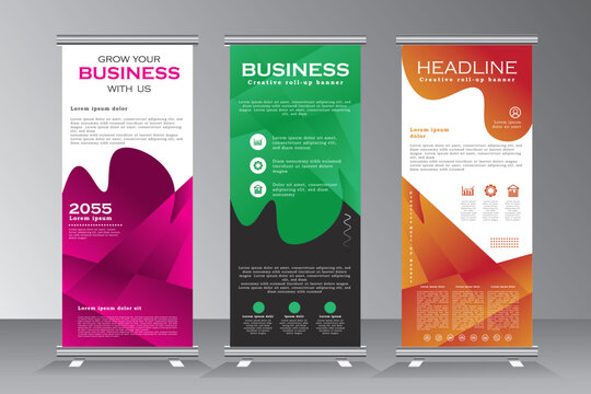 Roll up banner stand template design, Vertical banner design with purple, green and orange color, pull up, x banner, print ready business roll up banner set, vector eps 10.