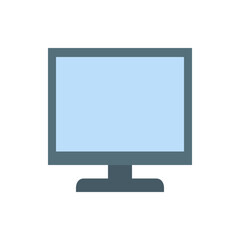 Illustration of a flat screen computer monitor with a light blue screen and a gray stand and border design