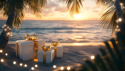 At sunset, a tropical beach is decorated with twinkling lights, palm trees, and festive gifts placed under the illuminated trees
