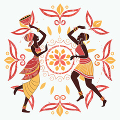 Tribal dancing women in alpona format vector illustration 