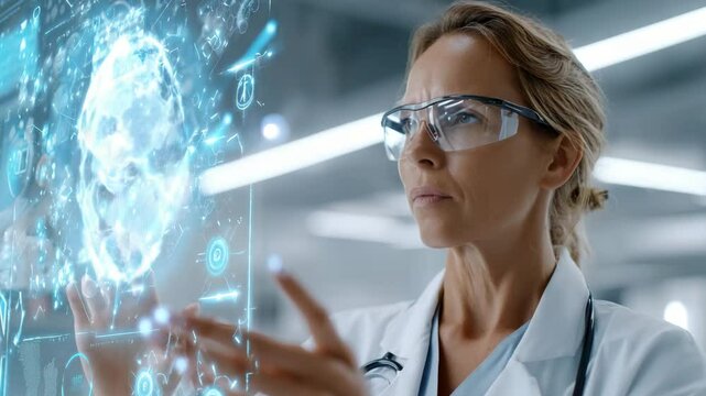 Female doctor using futuristic transparent touch screen with glowing medical data. 4K video - Powered by Adobe