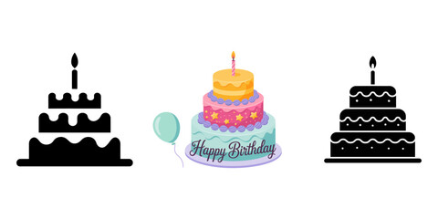 birthday cake silhouette set, chocolate cake vector icon, birthday cake icon Design of black silhouette on white background, vector in trendy flat design. Set of cake icon, candles on black and white.