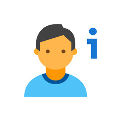 Illustration of a person with dark hair and a blue shirt next to a blue information symbol icon