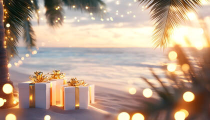 At sunset, a tropical beach is decorated with twinkling lights, palm trees, and festive gifts placed under the illuminated trees