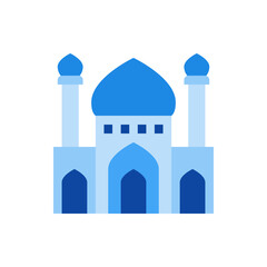 Illustration of a blue mosque with towers and domes against a white background in a flat design style