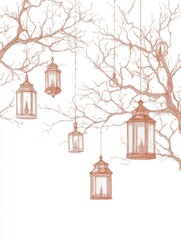 Obraz premium Brown lanterns hanging from bare branches on a white background. Elegant and artistic design for wallpaper and decoration.