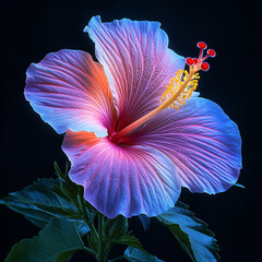 A stunning hibiscus flower blooms in soft neon pink and purple lighting, contrasted by vibrant green foliage. The black-to-teal gradient background enhances its elegance