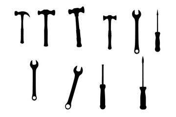 set of working tool, labor hammer, etc silhouette