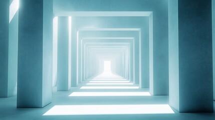 Fototapeta premium Light-filled, pale blue, geometric corridor stretching into a bright future.