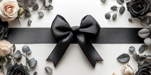 Black ribbon and roses on white surface with leaves