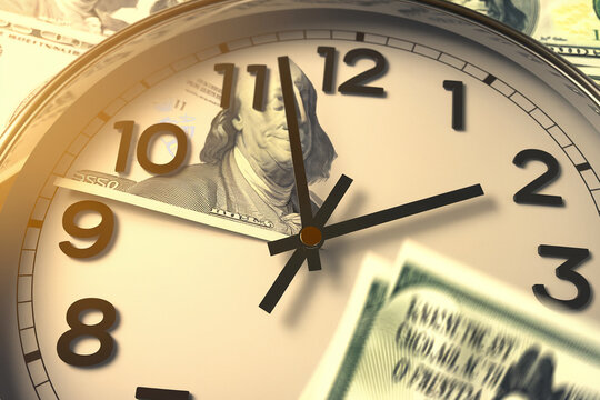 Close-up of clock face overlaid with dollar bills, hands indicating time, symbolizing the value of time and money in finance or business