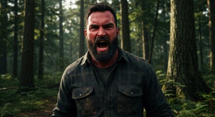 Obraz premium Intense portrait of an adult man with a beard screaming in rage or pain in a dark, atmospheric forest setting