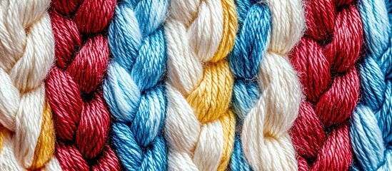 A close-up of a braided yarn fabric with red, blue, white, and yellow colors.
