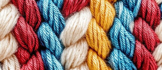 A close-up of a braided yarn fabric with red, blue, white, and yellow colors.