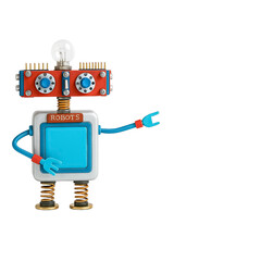 Cute retro robot with a square blue chest and lightbulb head, reaching out with its mechanical arm. Whimsical design featuring spring legs, gears, and colorful details. Perfect for tech education