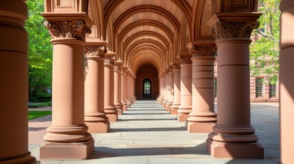 Historic Church Architecture Details Concept, Arched Cloister Walkways with Shadow Patterns in a Serene Architectural Setting