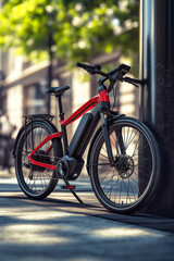 Fototapeta premium Charging an electric bicycle at a city station, urban sustainability.