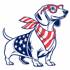 Vector illustration of a funny Dachshund dog wearing red glasses and a scarf in the colors of the American flag. Pop Art Poster for Independence Day of America