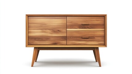 Mid-century modern wooden cabinet with two drawers and a door