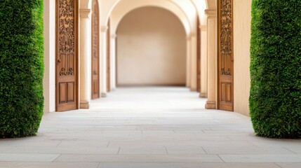 Historic Church Architecture Details Concept, Elegant Arched Doorways with Hand-Carved Wooden Panels Framed by Lush Greenery in Serene Courtyard Setting