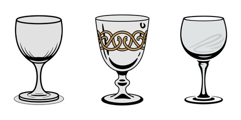 Silhouette illustration of various wine glasses in black and white, Silhouette of three empty wine glasses on a white background, Set of vector glasses. 
Set of transparent vector glasses for wine.