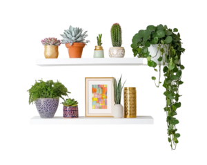 Three white floating shelves with plants, frames, and ceramic vases on a plain wall. The middle shelf has a potted plant, succulents, a small colorful vase on Png Format and Transparent Background