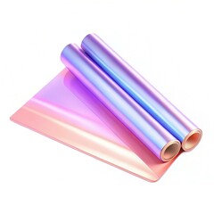 Two rolls of shiny iridescent wrapping paper with a colorful gradient on a reflective surface.