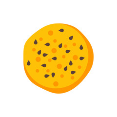 Illustration of a yellow round cookie with brown chocolate chips and smaller yellow dots on a white background