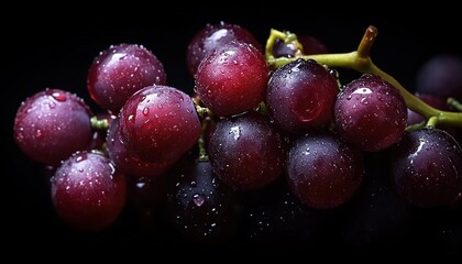 A cluster of purple-black grapes with crystal-clear water droplets on the surface, against a pure black background.