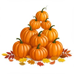 Pile of Orange Pumpkins with Autumn Leaves