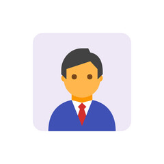 Illustration of a man with dark hair wearing a blue suit and a red tie on a rounded square background