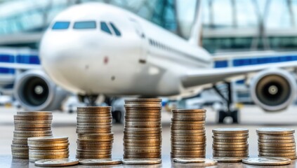 Fototapeta premium Stacks of coins in front of an airplane at an airport. Cost of travel, or airline expenses, are suggested