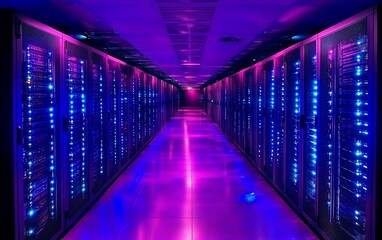 Fototapeta premium Intricate server room hallway with rows of glowing server racks lit in vibrant purple and blue hues.