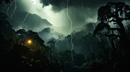 Photorealistic image of a thunderstorm over a desert canyon, lightning bolts illuminating the rock formations, dark clouds swirling above, dramatic shadows, ultra-high resolution, clean focus, 