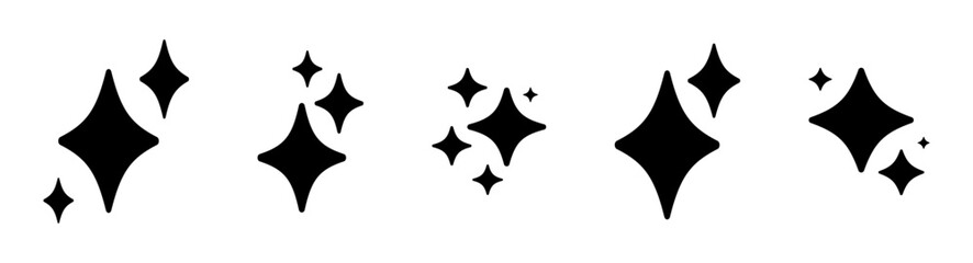 Shine, sparkle stars set on white background. Sparkle star minimalist flat symbols. Shine retro icons. Blink twinkle, sunburst star trendy shapes. Magic light flare, bright flash stars. Shining glow.