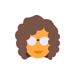 Illustration of a person with curly brown hair, wearing round white glasses and a smiling expression on a light orange face