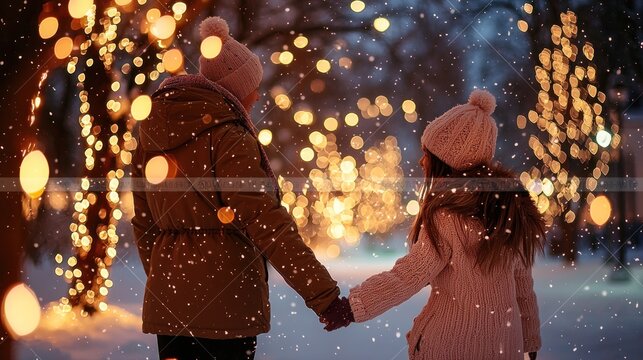 A couple holds hands while walking through a snowy winter scene