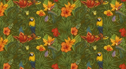 Fototapeta premium Vivid Parrot & Tropical Blooms Repeat: Lush Floral Pattern with Macaws, Exotic Flowers, Butterflies & Playful Frogs in Rich Green Foliage, Bold Color Palette, Dense Jungle