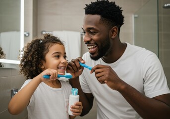 Father and daughter brushing teeth together in bathroom with smiles and blue toothbrushes shown clearly