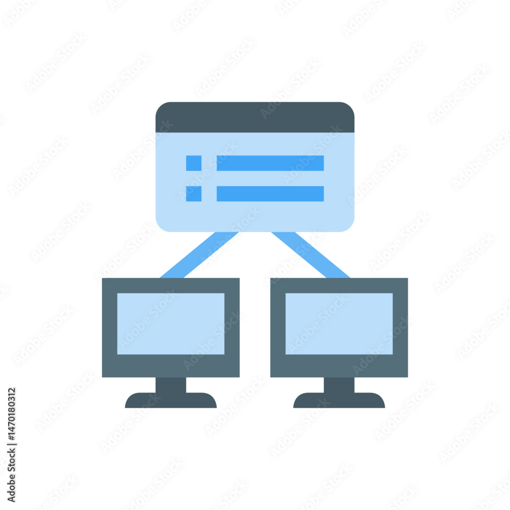 Poster illustration of a server connected to two computers displaying a network configuration diagram icon 