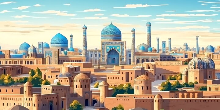 Ancient city with blue domes at sunset, ideal for historical or travel content