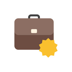 Illustration of a brown briefcase with a black handle and a yellow starburst on the bottom right side