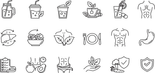Detox and cleanse related editable stroke outline icons set isolated on white background flat vector illustration.