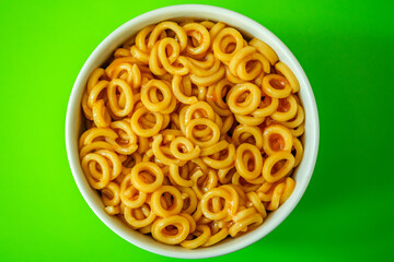A Bowl of Italian Style Spaghetti Hoops Or Loops Pasta Meal In Tomato Sauce