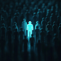 Be Different 3D Concept, One Man Icon Glowing Among Other People in Dark Condition