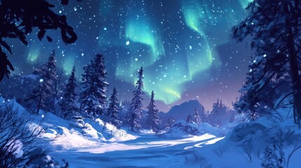 Snowy landscape, aurora borealis, winter trees, night sky.