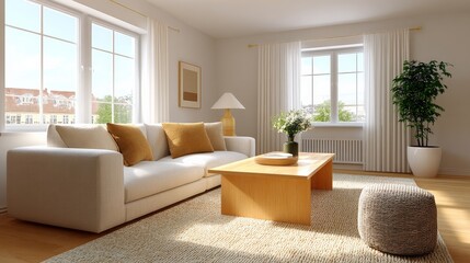 Minimalist Scandinavian Living Room Featuring Natural Materials and Abundant Sunlight in Neutral Tones