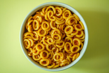 A Bowl of Italian Style Spaghetti Hoops Or Loops Pasta Meal In Tomato Sauce