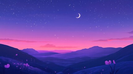 Obraz premium A serene mountain vista at twilight, filled with vibrant colours and a crescent moon