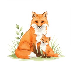 Fototapeta premium Watercolor Painting of a Mother Fox and Kit